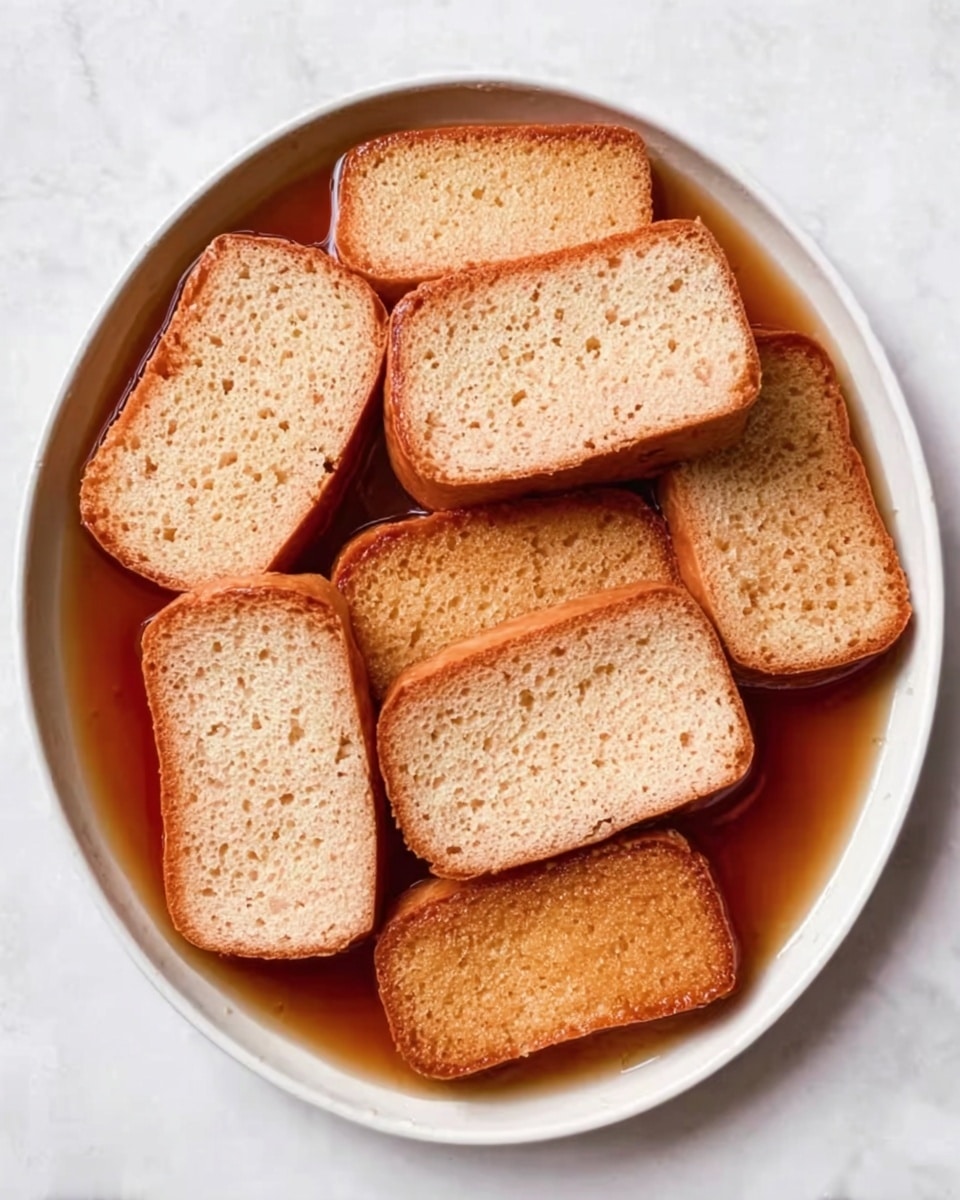 The image shows eight rectangular light brown slices of a soft cake or bread layer, arranged neatly to cover the surface of a round white plate. The slices have a porous texture, with visible tiny holes and a thin smooth crust around the edges. They sit in a shallow pool of dark amber liquid that glistens around and between the slices, slightly soaking their bases. The plate rests on a white marbled surface, giving a clean and bright look to the photo. The composition is simple and focuses on the cake slices and the liquid they are in, viewed from directly above. photo taken with an iphone --ar 4:5 --v 7
