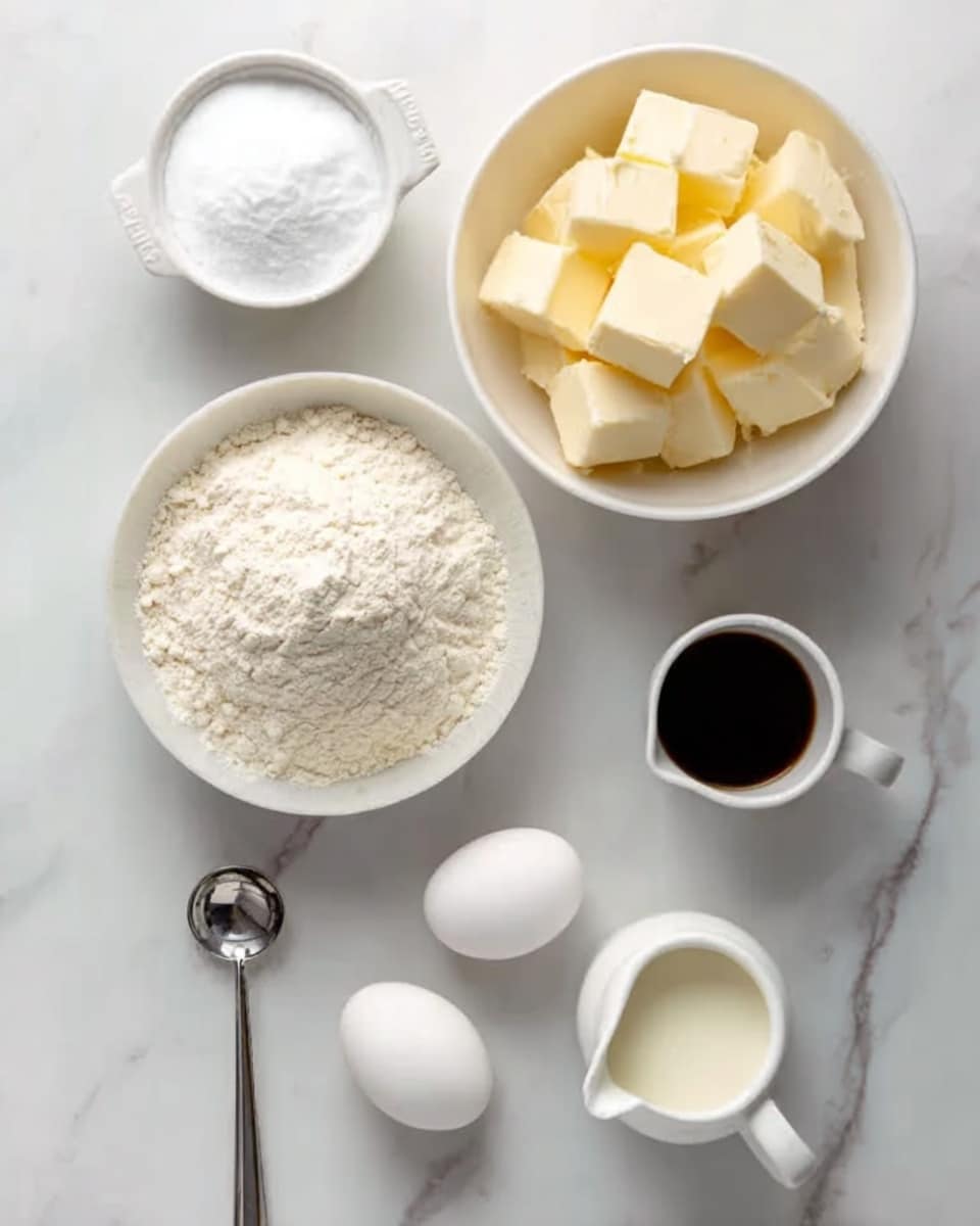 The image shows seven ingredients for baking arranged on a white marbled texture. In the center, there is a white bowl filled with pale yellow butter cubes. Above it to the left, a white measuring cup holds white powdered sugar. To the right of the powdered sugar, there is a white bowl filled with light beige flour. Below the butter, from left to right, there is a shiny metal measuring spoon, a white egg, a small black cup with dark brown liquid, and a small white pitcher with off-white cream. Everything is neatly spaced on a clean, bright surface. photo taken with an iphone --ar 4:5 --v 7