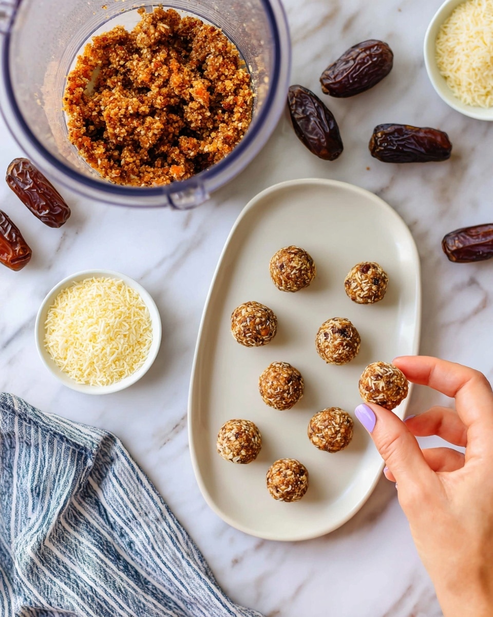 The image shows two scenes side by side on a white marbled surface. On the left, a woman's hand with light purple nail polish holds a small round ball made of a mix of brown and beige ingredients, showing a rough texture with visible pieces of nuts or seeds, above a clear food processor bowl filled with the same mixture. Around it are some whole dates in a white bowl and scattered on the marble. On the right, a white oval plate holds fifteen evenly spaced small brown balls arranged in neat rows, with a small white bowl filled with fine, light yellow shredded coconut placed on the top left of the plate. More dates are scattered outside the plate with a blue-and-white striped cloth nearby. photo taken with an iphone --ar 4:5 --v 7
