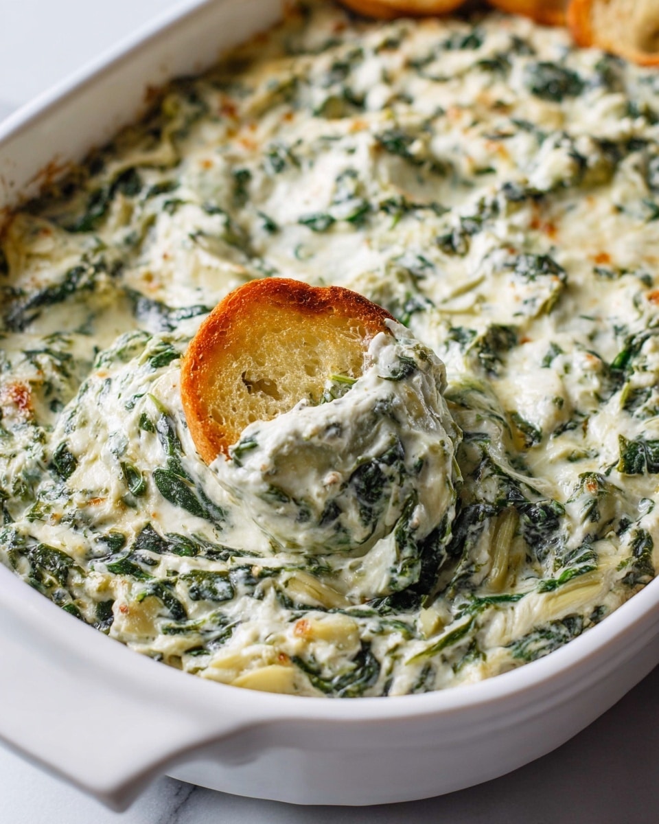 A close-up image of a creamy spinach and artichoke dip in a white casserole dish. The dip has a thick texture with visible green spinach leaves mixed throughout the creamy white base, creating a marbled effect of green and white. One toasted small bread round is partially dipped and resting on top, showing its golden-brown, slightly crispy surface. The casserole dish sits on a white marbled surface with a soft, natural light highlighting the textures and colors of the dip. photo taken with an iphone --ar 4:5 --v 7