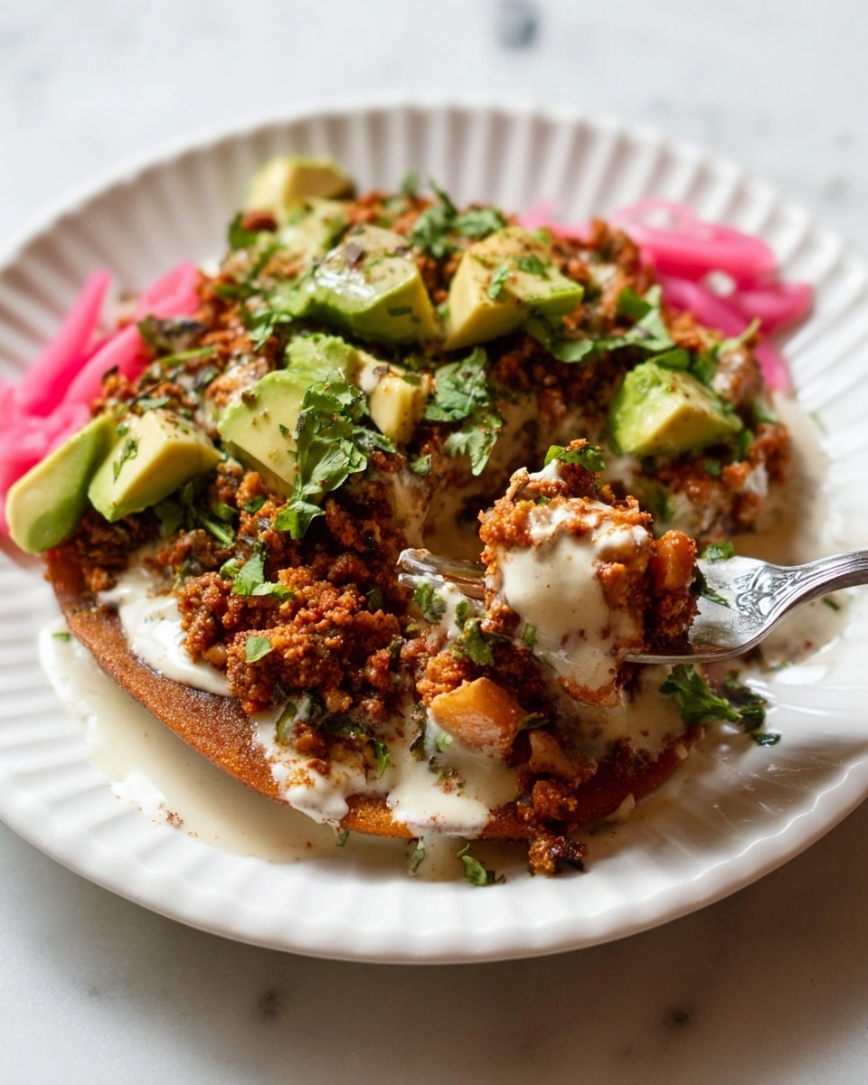 A white scalloped plate holds a layered dish starting with a base of browned, crumbled textured meat in reddish-brown tones. On top of this is a drizzle of light, creamy sauce. Roasted slices of orange sweet potato with charred edges peek out from under the meat. The dish is finished with chunks of light green avocado and a sprinkle of chopped fresh green herbs, scattered on and around the food. A woman's hand holds the plate from the edge against a white marbled surface with soft natural light. photo taken with an iphone --ar 4:5 --v 7