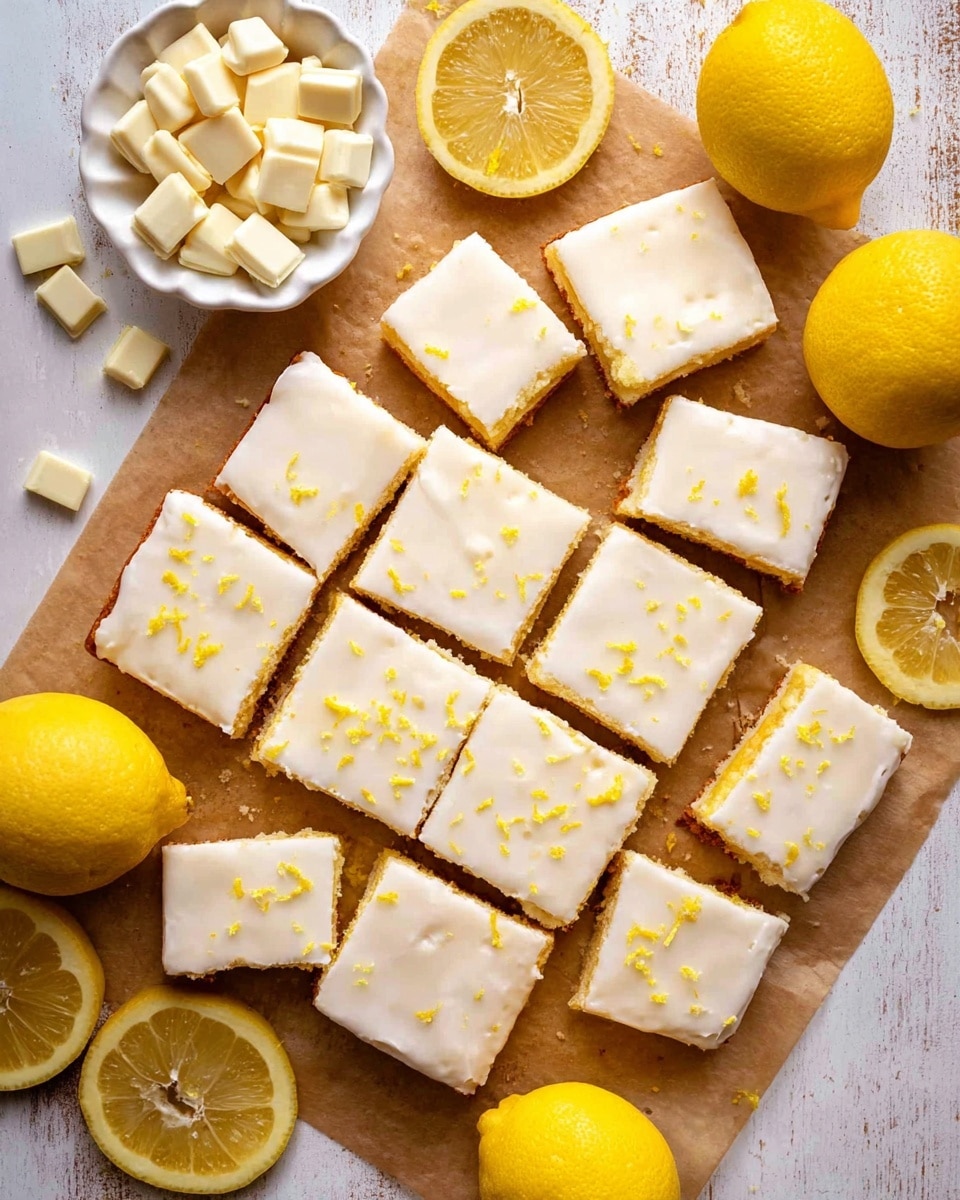 The image shows a group of 15 square lemon bars arranged closely on brown parchment paper. Each bar has two layers: a thick, yellow base layer that looks soft and moist, topped with a smooth, white icing layer sprinkled with small yellow lemon zest pieces. Around the squares, there are whole and sliced bright yellow lemons that add a fresh touch. A small white scalloped bowl filled with white chocolate chunks is placed to the left side of the lemon bars. The whole setup sits on a white marbled textured surface. Photo taken with an iphone --ar 4:5 --v 7
