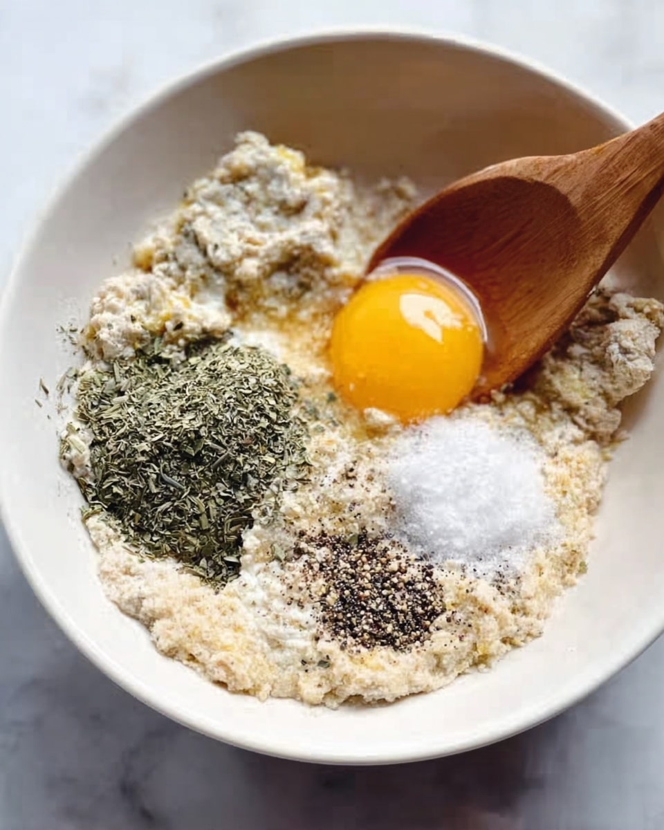 A white bowl holds several layers of food ingredients. At the bottom left, there is a small pile of green dried herbs with a rough texture. To the right of the herbs, a bright yellow egg yolk sits in clear egg white. Above the yolk, there are piles of white salt crystals and black ground pepper. The rest of the bowl contains a light beige, grainy mixture that looks soft and fluffy. A wooden spoon with a smooth surface is partially in the bowl, resting on the mixture. The background is a white marbled surface. Photo taken with an iphone --ar 4:5 --v 7