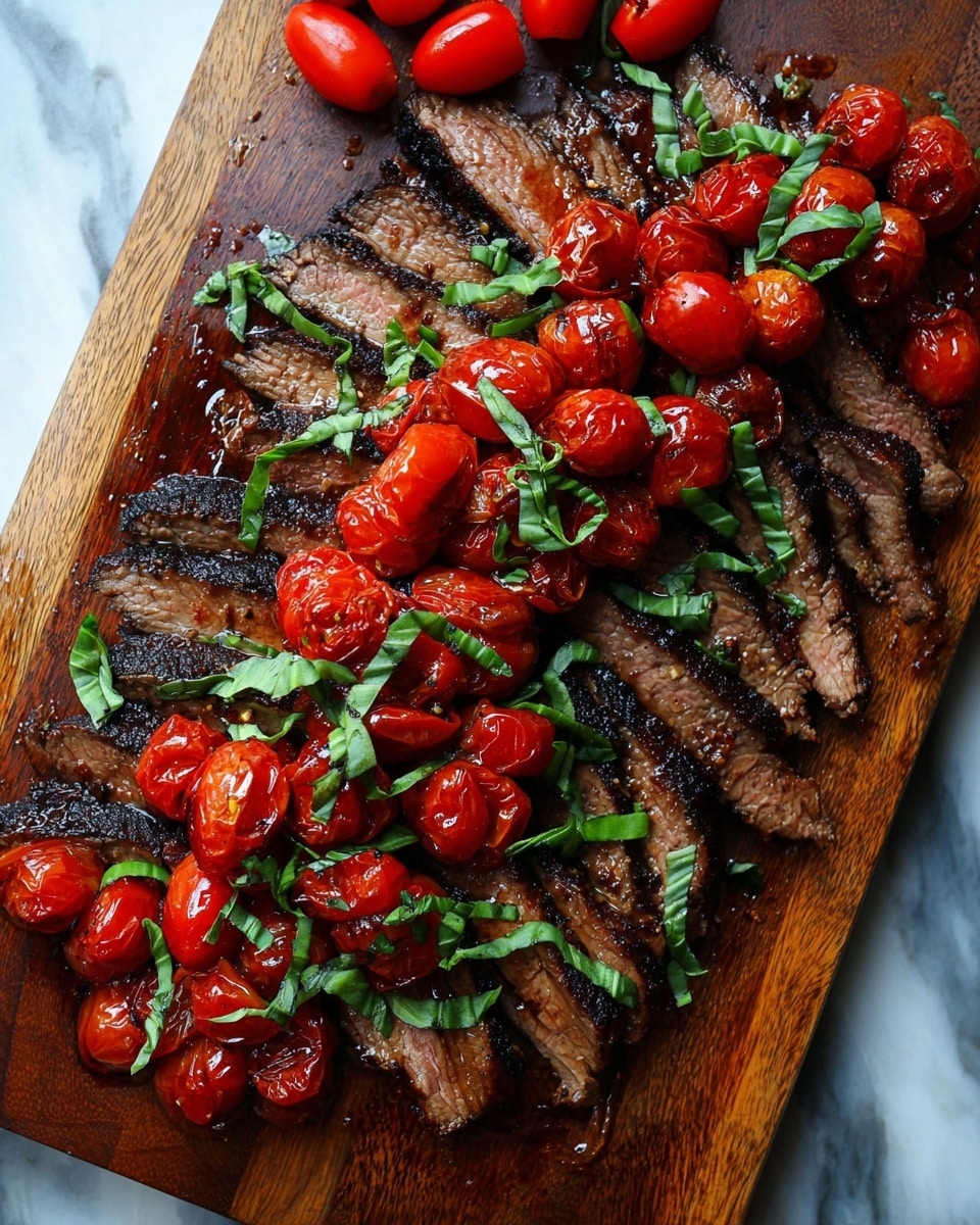 The image shows thin slices of grilled steak laid out in two even layers on a wooden board. The steak has a dark, charred texture with visible grill marks and a medium brown interior. On top of the steak, there is a pile of bright red grilled cherry tomatoes with some charring, adding a glossy shine. Green strips of fresh basil are scattered over the tomatoes and steak, giving a fresh contrast in color. A few raw grape tomatoes are visible at the top left corner on the board. The background has a white marbled texture. photo taken with an iphone --ar 4:5 --v 7