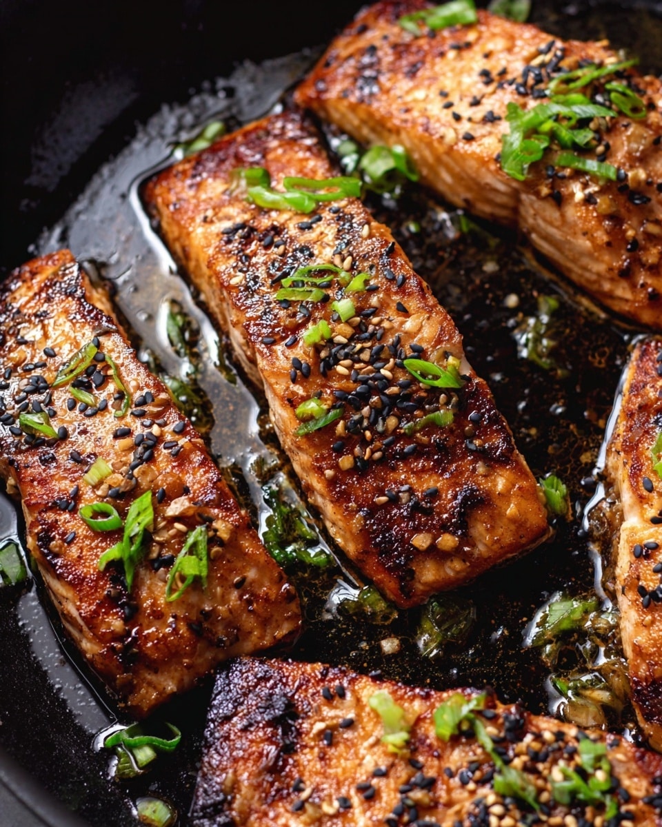The image shows several pieces of cooked salmon fillets in a dark pan. Each fillet has a golden brown crust with darker charred spots and is sprinkled with black and white sesame seeds. Bright green sliced scallions are scattered on top of the salmon and around the pan, adding a fresh contrast to the rich color of the fish. The surface of the pan has some glossy oil and bits of cooked seasoning, highlighting the texture of a well-cooked dish. photo taken with an iphone --ar 4:5 --v 7