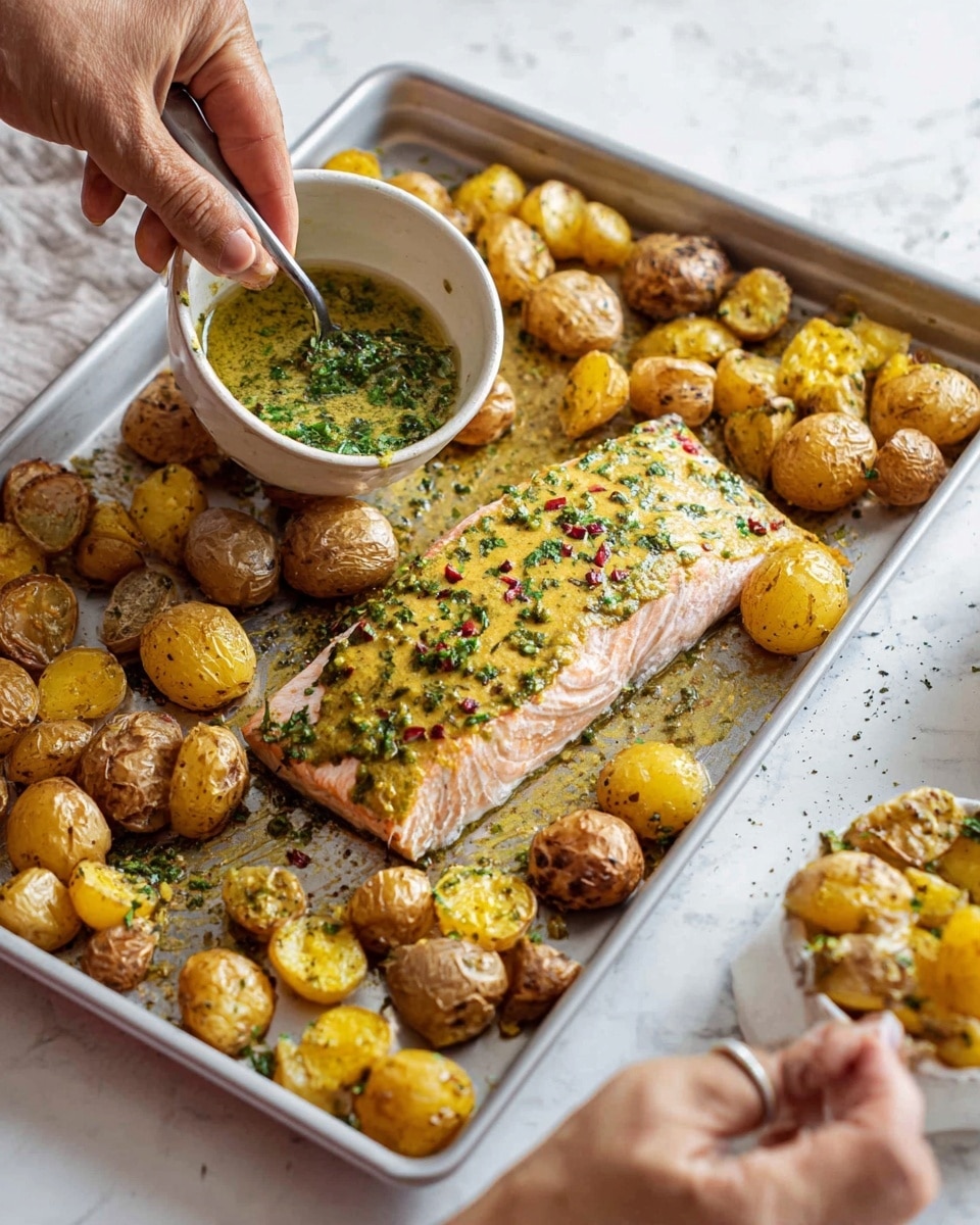 The image shows a large silver baking tray on a white marbled surface, holding a cooked salmon fillet and many small roasted potatoes. The salmon fillet is light pink with white and yellow mustard sauce on top, sprinkled with green herbs and some red flakes. The potatoes are golden brown, some halved showing their cooked yellow insides, scattered around the fish. A woman's hand is holding a white bowl filled with green herb sauce, while the other woman's hand uses a spoon to drizzle the sauce over the potatoes and salmon. The scene is bright and clear, focusing on the fresh and well-cooked food photo taken with an iphone --ar 4:5 --v 7