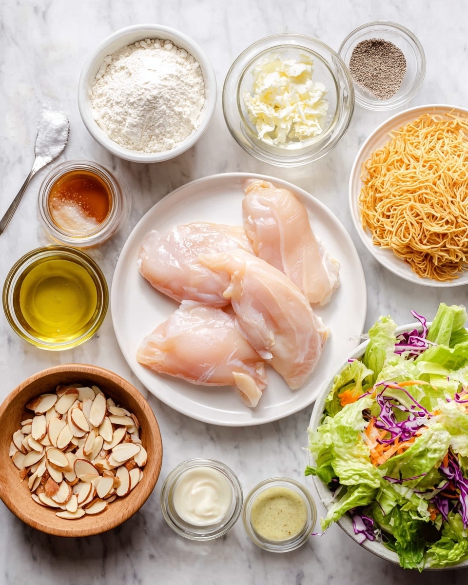 The image shows an overhead view of several ingredients arranged neatly on a white marbled surface. In the center, there is a white plate with three raw pale pink chicken pieces. Around it, there are small white bowls filled with white flour, light orange honey, and shredded light brown crunchy noodles. A white bowl on the right holds a mixed salad of green lettuce, purple cabbage, and thin orange carrot strips. There is also a small wooden bowl with sliced almonds and another small wooden bowl containing salt and black pepper. Clear glass bowls hold a light yellow oil and a dark amber liquid, while a white bowl contains a creamy white sauce, and a small glass bowl has a pale green mustard-like paste. photo taken with an iphone --ar 4:5 --v 7