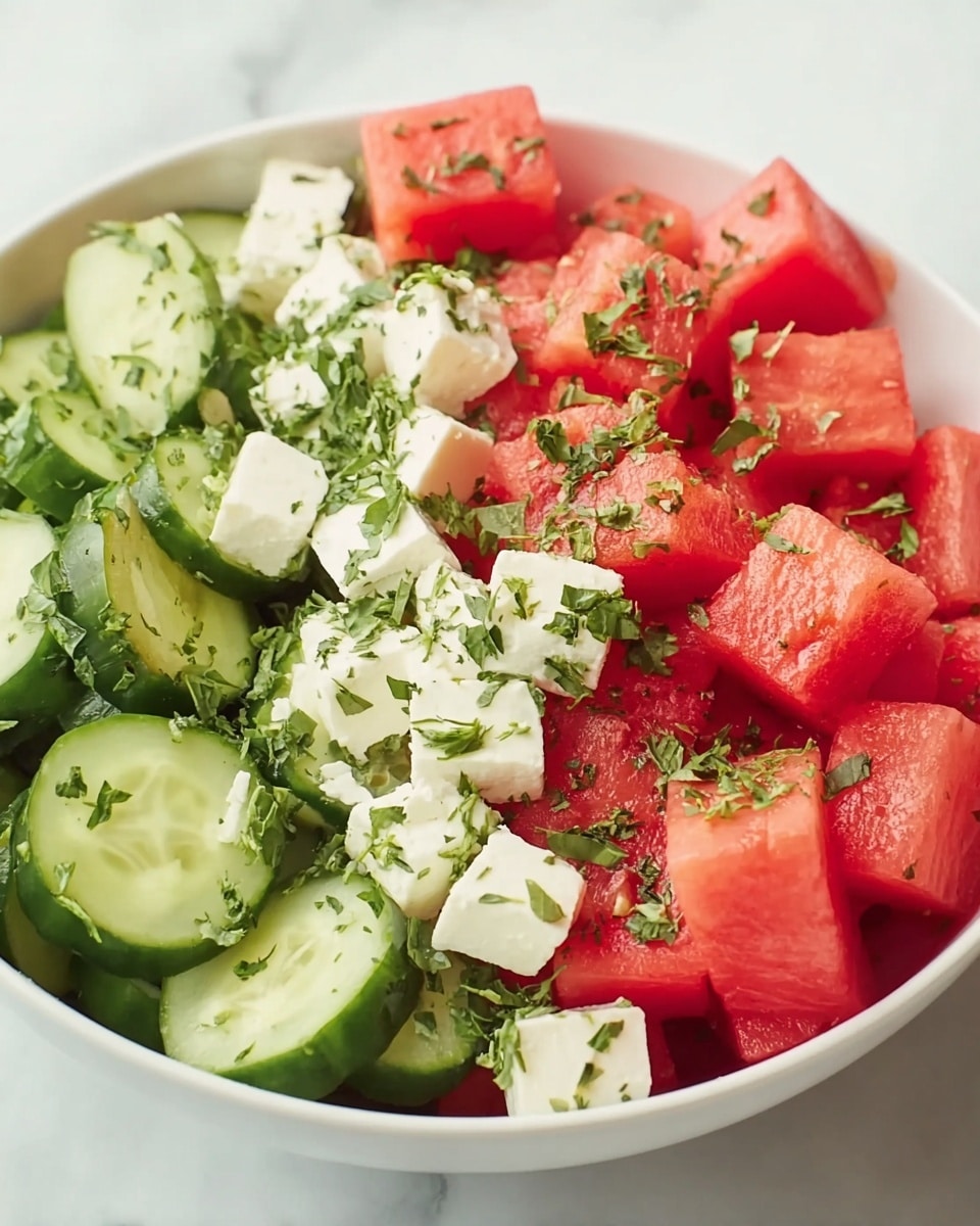 A white bowl holds a fresh salad made of three main layers: the bottom layer is made of bright red watermelon cubes, the middle layer has green cucumber slices with dark skins, and the top layer features white cheese cubes. All layers are sprinkled evenly with finely chopped green herbs, giving a fresh look. The bowl sits on a white marbled surface. photo taken with an iphone --ar 4:5 --v 7
