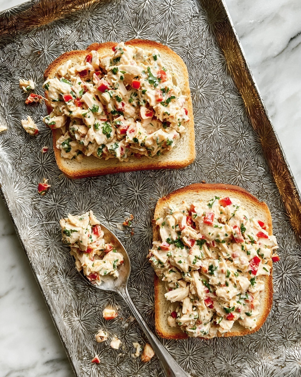 Two slices of toasted white bread lie flat on a patterned silver tray with one slice near the top and the other near the bottom. Each toast slice is topped with a thick layer of creamy chicken salad that is mixed with chopped red bell peppers and green herbs, creating a mix of light beige, red, and green colors. Some chicken salad pieces are scattered around the tray, adding texture to the scene. To the left of the bottom toast, an old silver spoon rests on the tray with more of the chicken salad on it. The tray sits on a white marbled surface. photo taken with an iphone --ar 4:5 --v 7