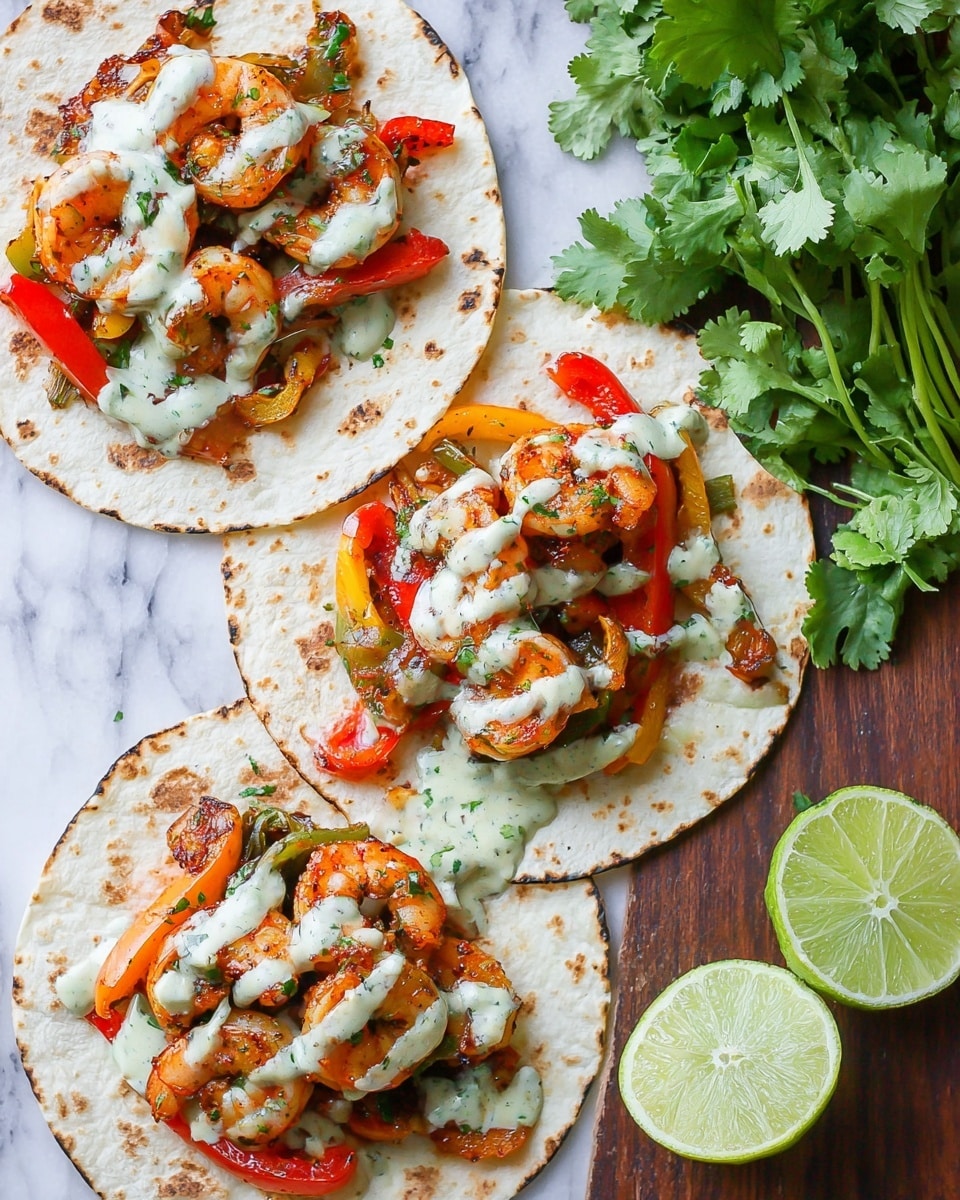 Three soft flour tortillas are open-faced on a white marbled surface. Each tortilla is topped with a mix of cooked shrimp and sliced red and yellow bell peppers, all lightly charred and seasoned with green herbs. A creamy white sauce is drizzled over the shrimp and vegetables in thick, irregular stripes. Fresh green cilantro leaves are scattered on and around the tortillas. To the right, two lime halves with bright green rinds and pale green juicy insides sit on the surface. The colors are bright and fresh, with a mix of warm cooked tones and cool herb greens. Photo taken with an iphone --ar 4:5 --v 7