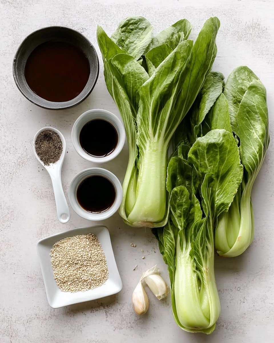 A white marbled surface holds several ingredients arranged in neat rows: on the right, three large bright green bok choy with thick pale green stems and wide leaves, on the left, at the top, a dark brown sauce in a small black ceramic bowl, below it, a small white bowl with dark soy sauce, followed by another small white bowl with a slightly thicker dark sauce, a white ceramic spoon holding black pepper next to two small peeled garlic cloves, and at the bottom left, a small square white dish filled with light-colored sesame seeds, photo taken with an iphone --ar 4:5 --v 7