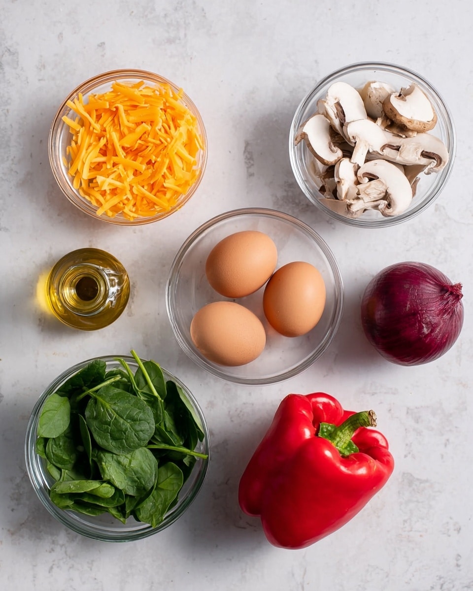 The image shows six food ingredients placed on a white marbled surface: a small glass bowl with bright orange shredded cheddar cheese on the upper left, a small glass bowl with white sliced mushrooms just below it, a small glass bottle of golden olive oil to the lower left, a whole large red bell pepper in the center bottom, a small glass bowl with fresh green spinach leaves on the lower right, a small glass bowl with three brown eggs in the upper center, and a whole round purple onion in the upper right corner. The ingredients are arranged neatly with clear visibility and soft natural lighting. Photo taken with an iphone --ar 4:5 --v 7