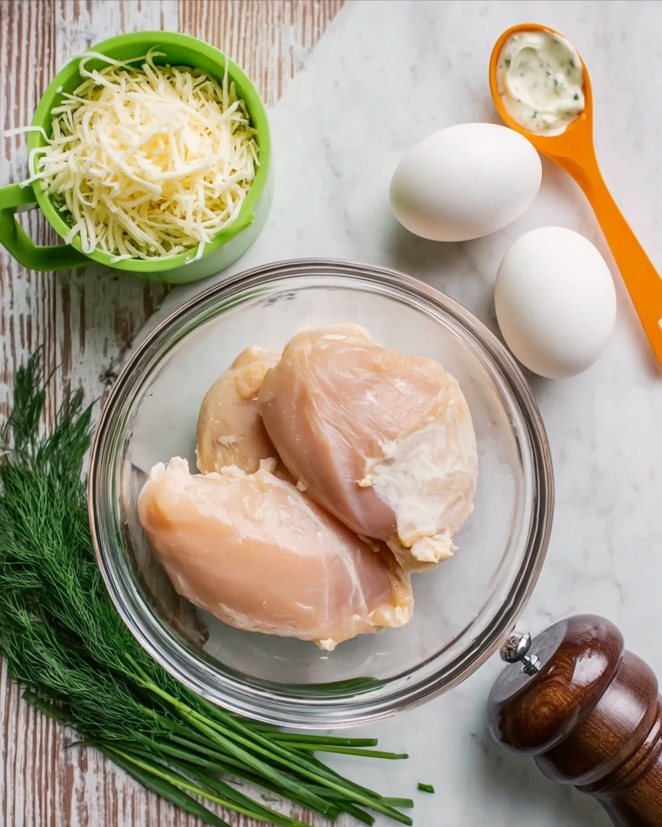 In the image, there is a clear glass bowl in the center holding two large pieces of raw chicken, light pink and smooth in texture. To the right of the bowl, there are two white eggs placed side by side on a white marbled surface. Above the eggs, a green measuring cup filled with shredded white cheese sits next to an orange spoon containing a creamy white sauce. On the lower right, a dark wooden pepper grinder is visible. Fresh green herbs, including dill and chives with long slim leaves, are arranged below the bowl on the white marbled background. The setting is a top-down view showcasing all the ingredients around the bowl. Photo taken with an iphone --ar 4:5 --v 7