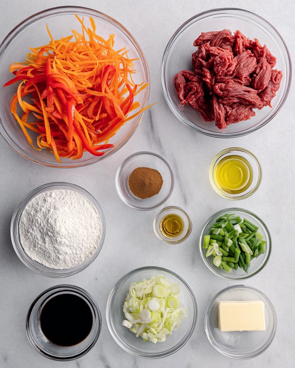 The image shows several clear glass bowls placed on a white marbled surface, each containing a different ingredient. One large bowl holds bright orange and red thin strips of carrots and bell peppers mixed together, positioned on the left side. Near the top right, another large bowl contains raw, thinly sliced red meat. Below these, medium-sized bowls hold white powdery flour and dark brown soft brown sugar. Smaller bowls arranged near the center and right include a dark soy sauce liquid, light yellow minced ginger, green sliced scallions, light yellow minced garlic, a light clear oil, and a small piece of butter. Everything is neatly organized with clear focus. Photo taken with an iphone --ar 4:5 --v 7