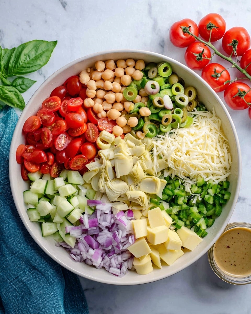 A large white bowl holds neatly arranged layers of fresh salad ingredients, seen from above on a white marbled texture surface. Starting at the top and moving clockwise, there are bright red halved cherry tomatoes, light green sliced pepperoncini, beige chickpeas, finely chopped purple onions, sliced green olives, small yellow cheese cubes, chopped fresh green basil, pale artichoke hearts, finely shredded white cheese, and diced green cucumbers. To the right of the bowl is a small clear glass jar with light brown dressing and a bunch of fresh cherry tomatoes with green leaves nearby. A blue cloth is partly visible on the left side. Photo taken with an iphone --ar 4:5 --v 7