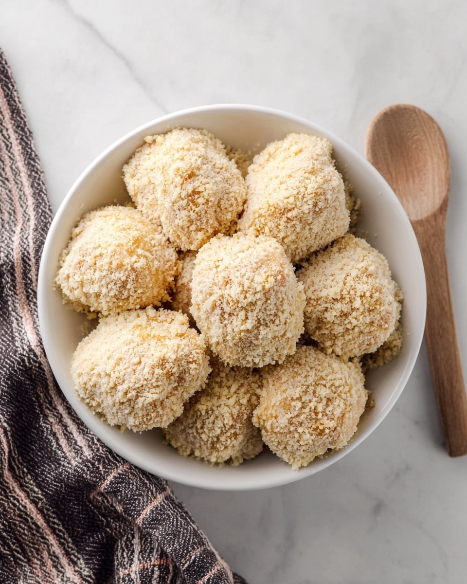 A white bowl filled with nine round pieces of raw chicken coated with a light, crumbly, beige breading, each piece showing a rough texture on the surface. The bowl is on a white marbled surface, next to a wooden spoon and a folded striped cloth with dark and light colors. The pieces are piled closely inside the bowl, with some touching each other, giving a full and slightly rounded shape to the arrangement. Photo taken with an iphone --ar 4:5 --v 7