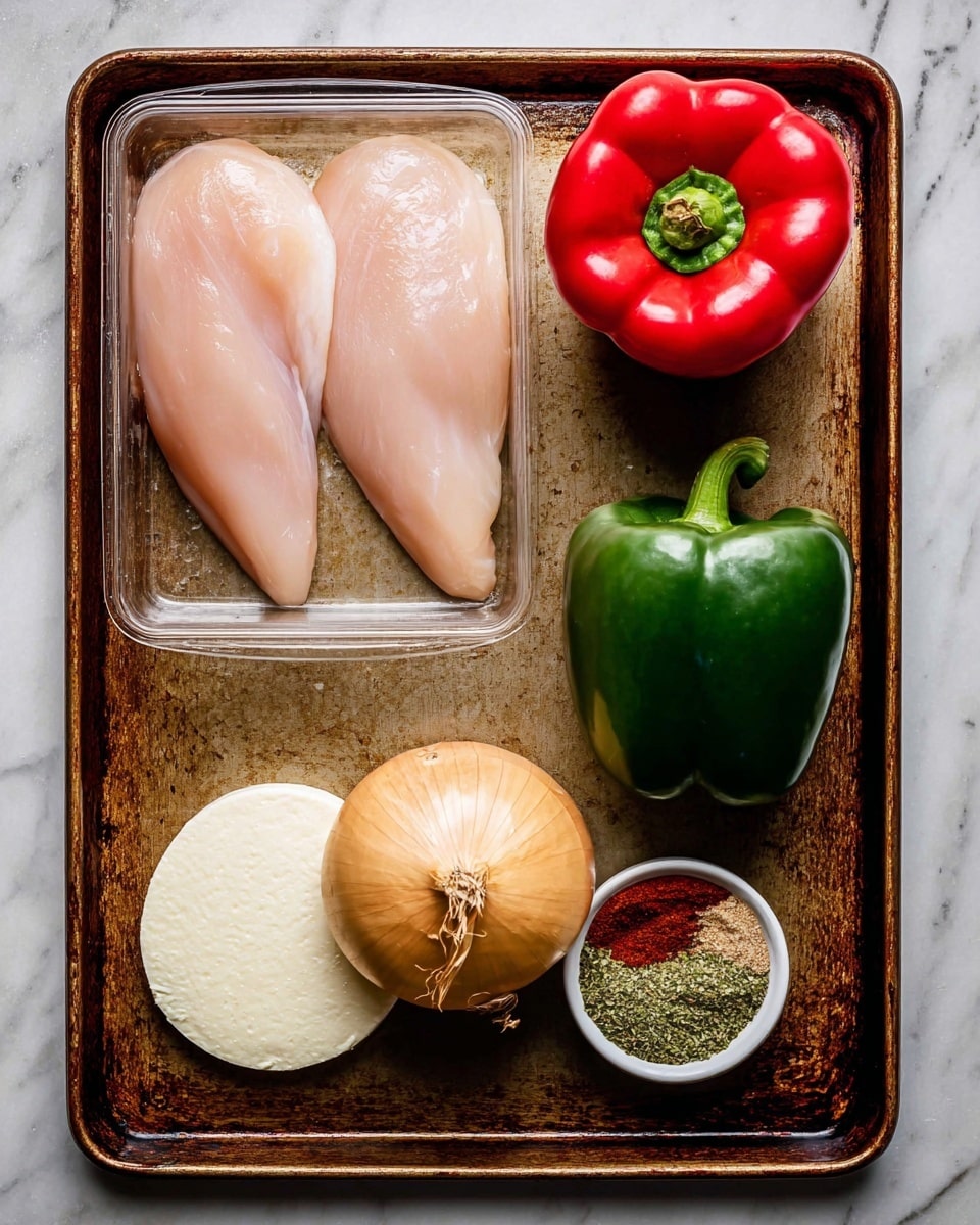 A rusty brown metal baking tray holds raw food items arranged neatly on a white marbled surface. At the top left are two pale pink chicken fillets placed side by side inside a clear plastic container. To the right of the chicken, a shiny bright red bell pepper sits above a glossy dark green bell pepper. Below the peppers is a round, light brown onion with the dried stem still attached. At the bottom left corner, a round white cheese ball rests directly on the tray. In the bottom right corner, a small white bowl contains two types of dried spices: a reddish powder on the left and green herbs on the right. Photo taken with an iphone --ar 4:5 --v 7