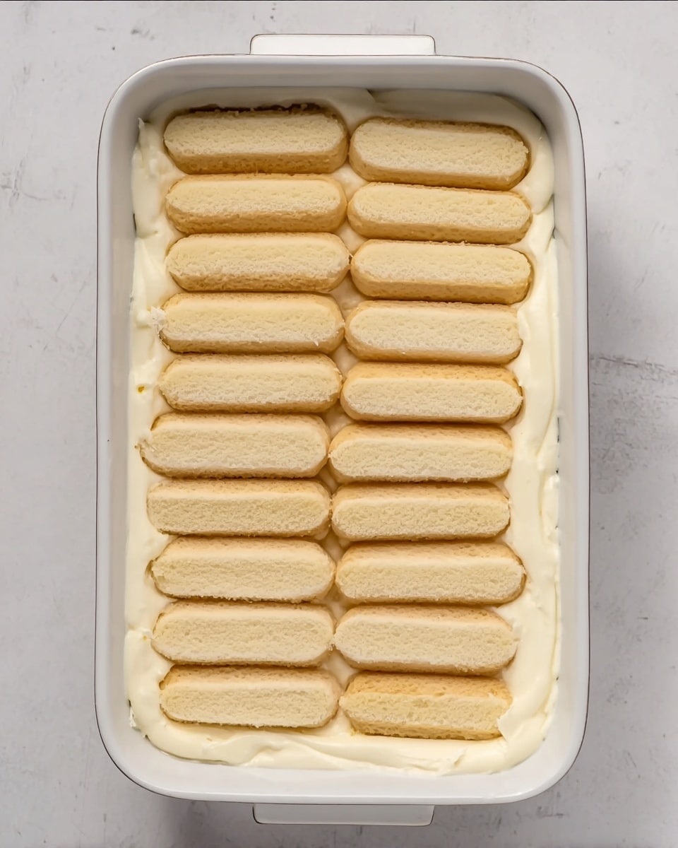 A white rectangular dish filled with a creamy off-white layer at the bottom, topped with two rows of light golden ladyfinger biscuits closely placed side by side, with the last biscuit on the right slightly broken at one end. The biscuits have a soft, smooth texture with a pale golden-brown color. The dish is set on a white marbled surface. photo taken with an iphone --ar 4:5 --v 7