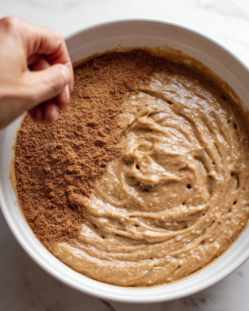 The image shows a white bowl filled with a thick, light brown batter that has a slightly uneven, swirled texture with small air pockets. A woman's hand is seen sprinkling a layer of fine, darker brown powder over the top left side of the batter, creating a contrast between the smooth batter and the grainy topping. The bowl sits on a white marbled surface, enhancing the clean and simple look of the scene. photo taken with an iphone --ar 4:5 --v 7