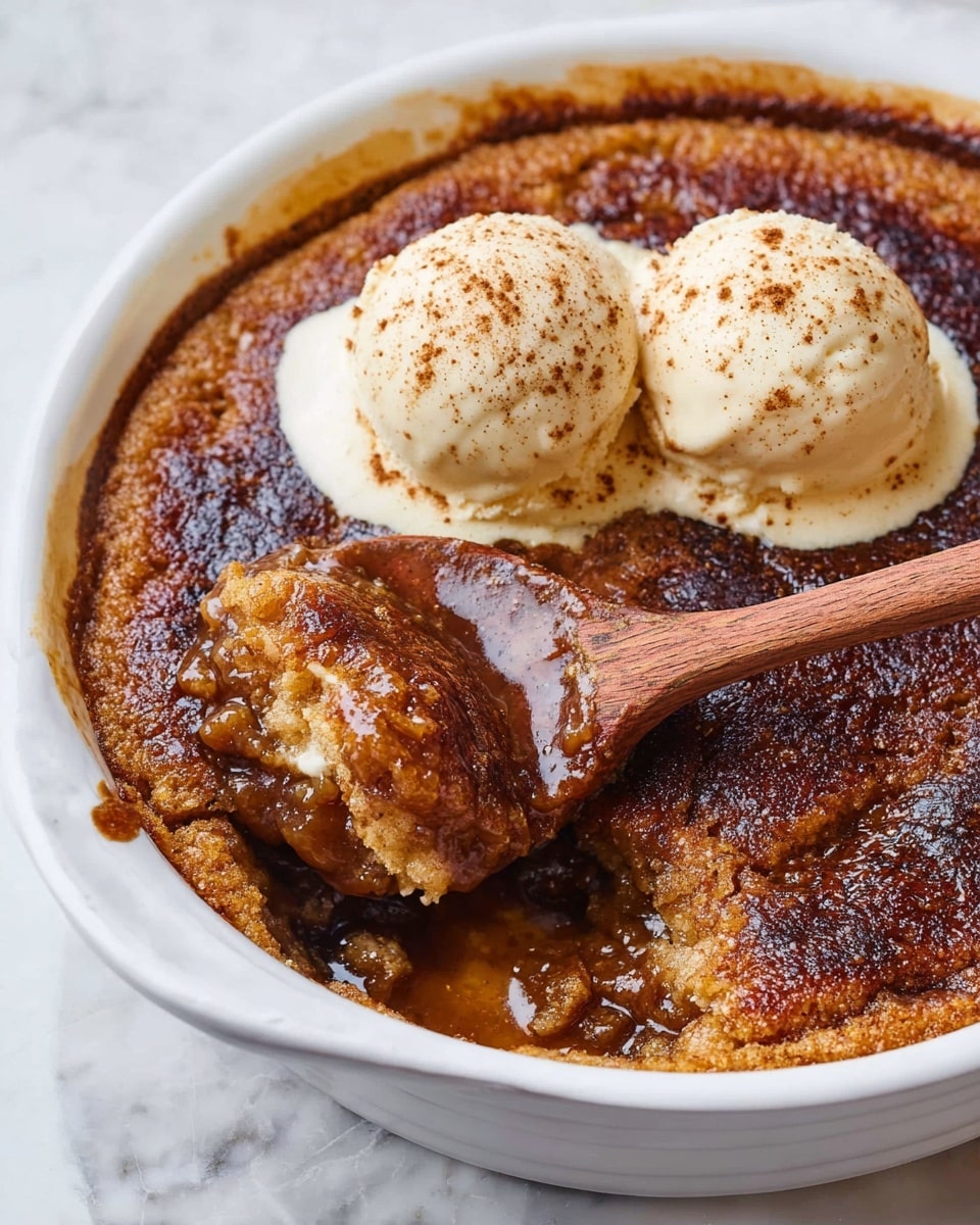 A round white ceramic baking dish holds a warm dessert with a thick, golden-brown, slightly crispy top layer. Underneath, a rich, dark brown syrupy layer is visible where a wooden spoon lifts a portion of the dessert. On top of the dessert, there are two round scoops of creamy, pale yellow ice cream lightly sprinkled with a brown spice. The dish is placed on a white marbled surface. photo taken with an iphone --ar 4:5 --v 7