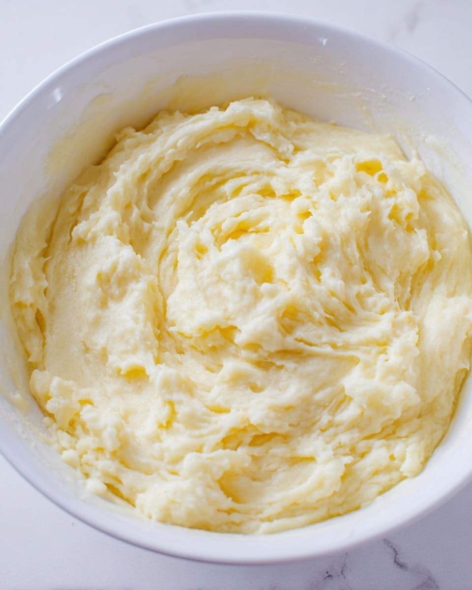 A close-up view of a white bowl filled with creamy mashed potatoes that have a smooth and slightly lumpy texture. The mashed potatoes are pale yellow with soft swirls and slight peaks showing where they were stirred. The bowl sits on a white marbled surface, adding a clean and bright background to the image. photo taken with an iphone --ar 4:5 --v 7