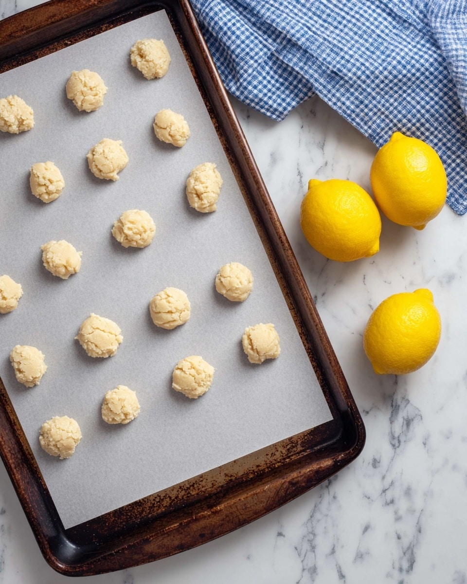 The image shows one layer of light beige cookie dough balls placed evenly on a sheet of white parchment paper that covers a dark, worn metal baking tray. There are four rows of dough balls, each with four small, round, slightly rough-textured dough mounds. To the right of the tray, two bright yellow lemons rest on a white marbled surface next to a folded blue and white checkered cloth. Photo taken with an iphone --ar 4:5 --v 7