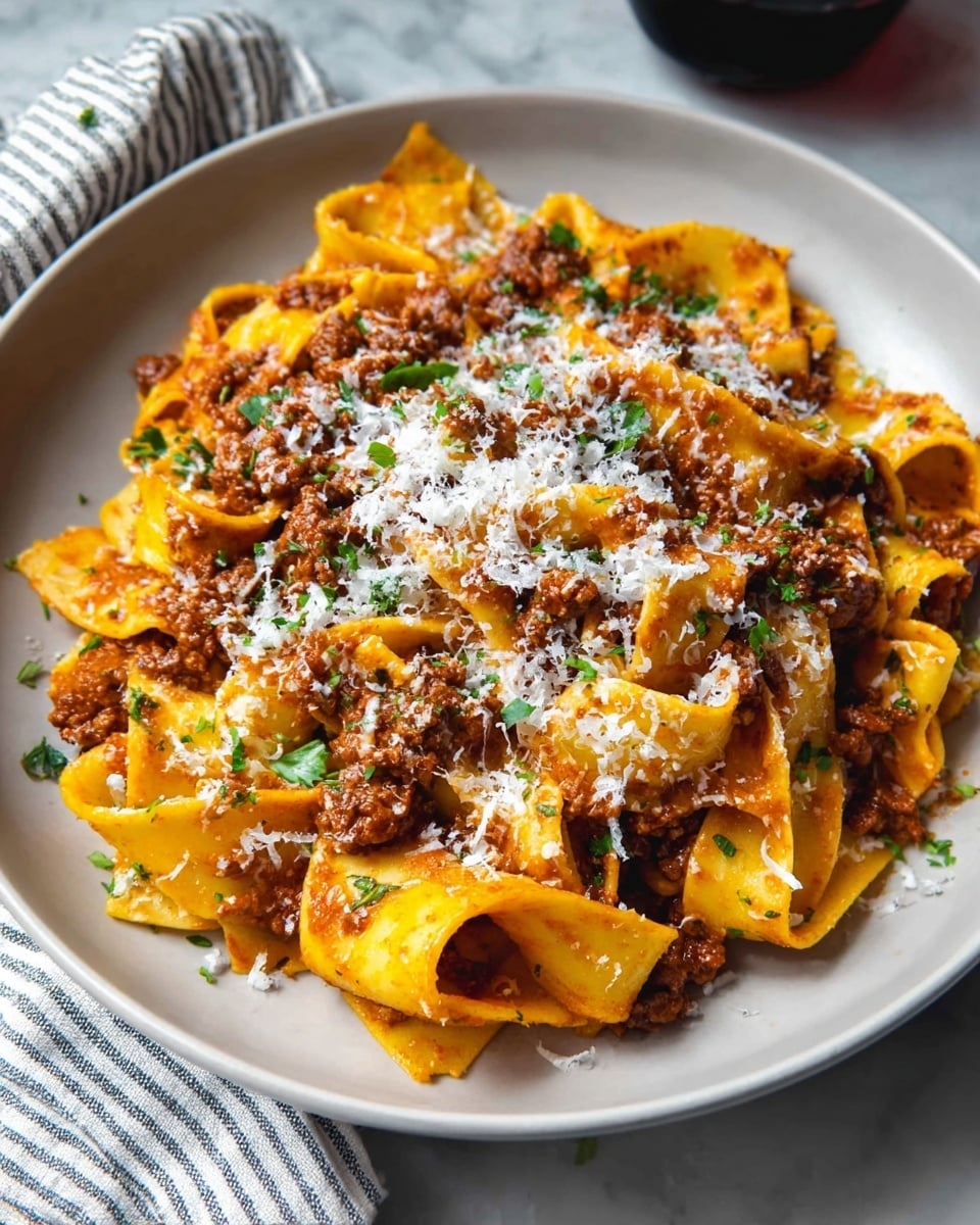 The dish shows a white plate filled with wide, flat pasta noodles layered thickly, colored a warm yellow with a slightly shiny texture. Mixed through the pasta are chunky pieces of rich, dark brown meat sauce. On top, finely grated white cheese is spread out unevenly, adding a soft, crumbly layer. Bright green chopped herbs are sprinkled over, adding fresh color contrast. The white marbled surface underneath supports the plate, and a piece of striped cloth is near the bottom left corner. Photo taken with an iphone --ar 4:5 --v 7