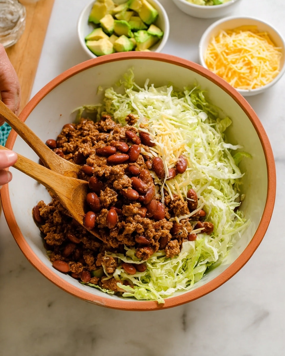 A white bowl filled with three visible layers: the bottom layer is shredded pale green lettuce, the middle layer has brown cooked ground meat with a slightly glossy texture, and the top layer is reddish-brown beans scattered over the meat and lettuce. Two wooden spoons are placed inside the bowl, one held by a woman's hand from the left side, mixing the ingredients. In the background, slightly out of focus, there are small white bowls with chopped avocado and shredded yellow cheese, all placed on a white marbled surface. Photo taken with an iphone --ar 4:5 --v 7