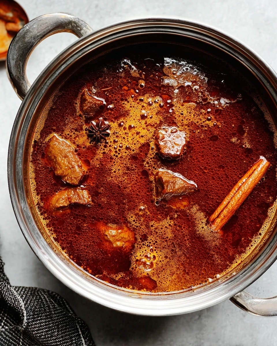 A close-up top view of a shiny silver pot filled with a dark reddish-brown stew. The stew has visible chunks of brown meat scattered throughout and two cinnamon sticks near the center. The stew liquid looks rich and oily with small bubbles and an uneven surface. The pot sits on a white marbled texture, with a hint of a plaid cloth peeking from the lower left corner. The image has natural light and sharp focus. photo taken with an iphone --ar 4:5 --v 7
