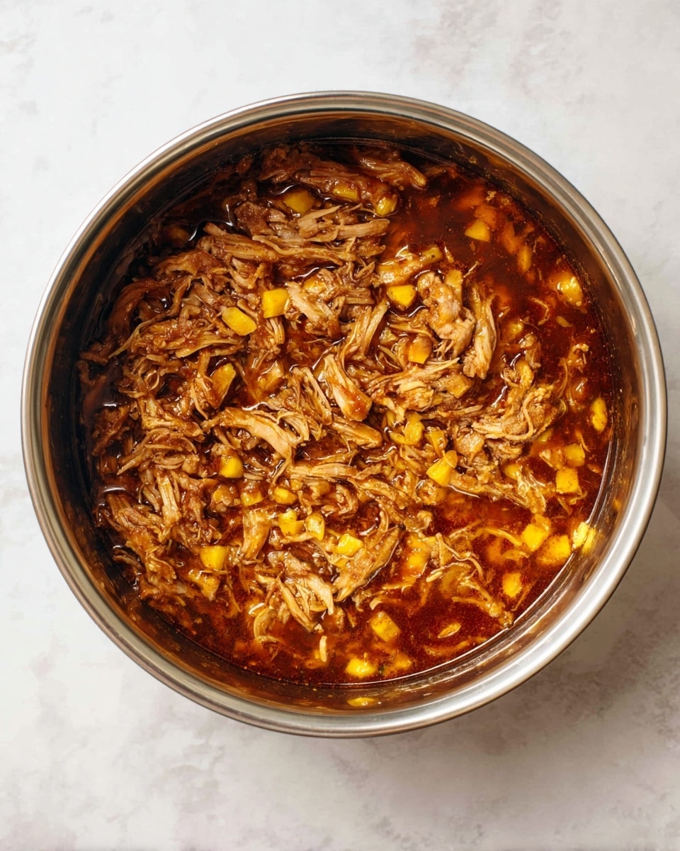 The image shows a close-up of a shiny metal pot filled with cooked shredded meat mixed with small yellow chunks, all immersed in a rich reddish-brown sauce. The meat strands are soft and fibrous, evenly spread throughout the pot, while the yellow pieces add a pop of color and texture contrast. The pot rests on a white marbled surface that adds a clean, bright look to the scene. photo taken with an iphone --ar 4:5 --v 7