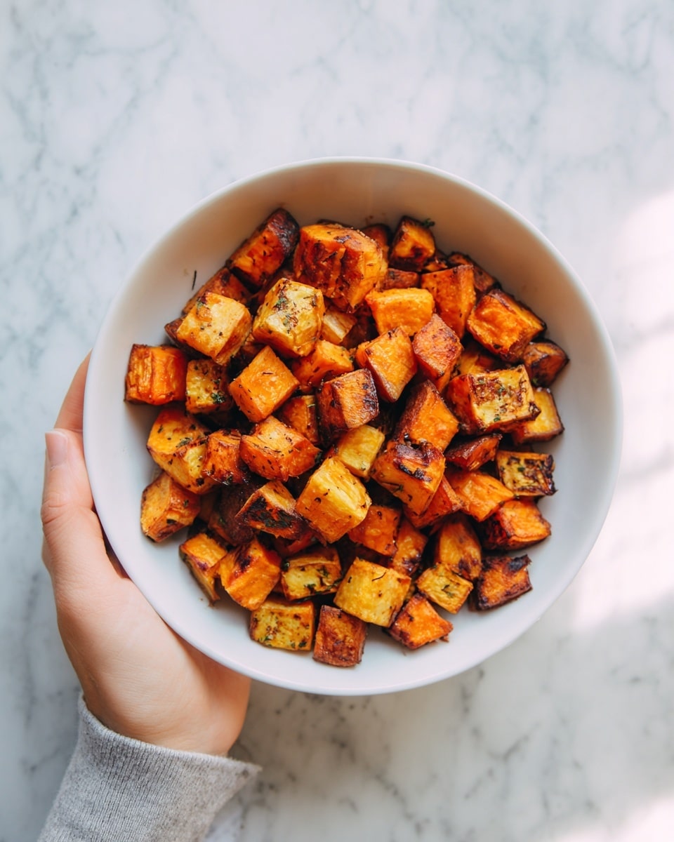 A white bowl filled with small cubes of roasted sweet potatoes, showing a mix of orange and golden brown colors with some pieces slightly charred on the edges, giving a crispy texture. The bowl is held by a woman's hand at the edge, placed on a white marbled surface with soft natural light casting gentle shadows. The overall look is warm and rustic with a simple, clean presentation photo taken with an iphone --ar 4:5 --v 7
