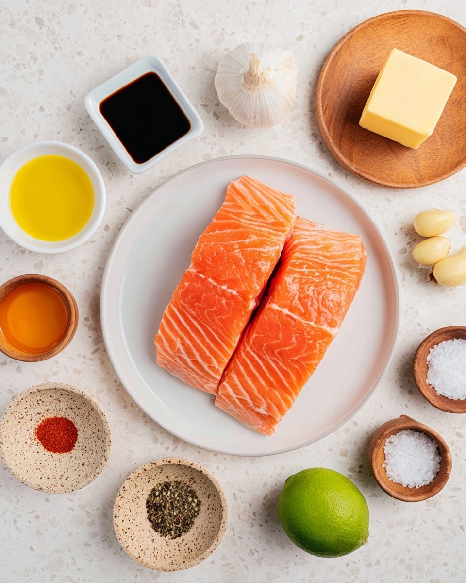 Two raw salmon fillets with light orange color and white lines are placed side by side on a round white plate at the center. Around the plate, clockwise from top left, are small bowls and items: a small white bowl with yellow olive oil, a small white square bowl filled with dark soy sauce, a small white bowl with orange honey, a small round speckled beige dish with four spices in red, brown, and white, a whole bright green lime, two peeled garlic cloves, a wooden plate with a square of butter, a small wooden bowl of black pepper, and a small wooden bowl with white salt. All items are arranged neatly on a white marbled surface. Photo taken with an iphone --ar 4:5 --v 7