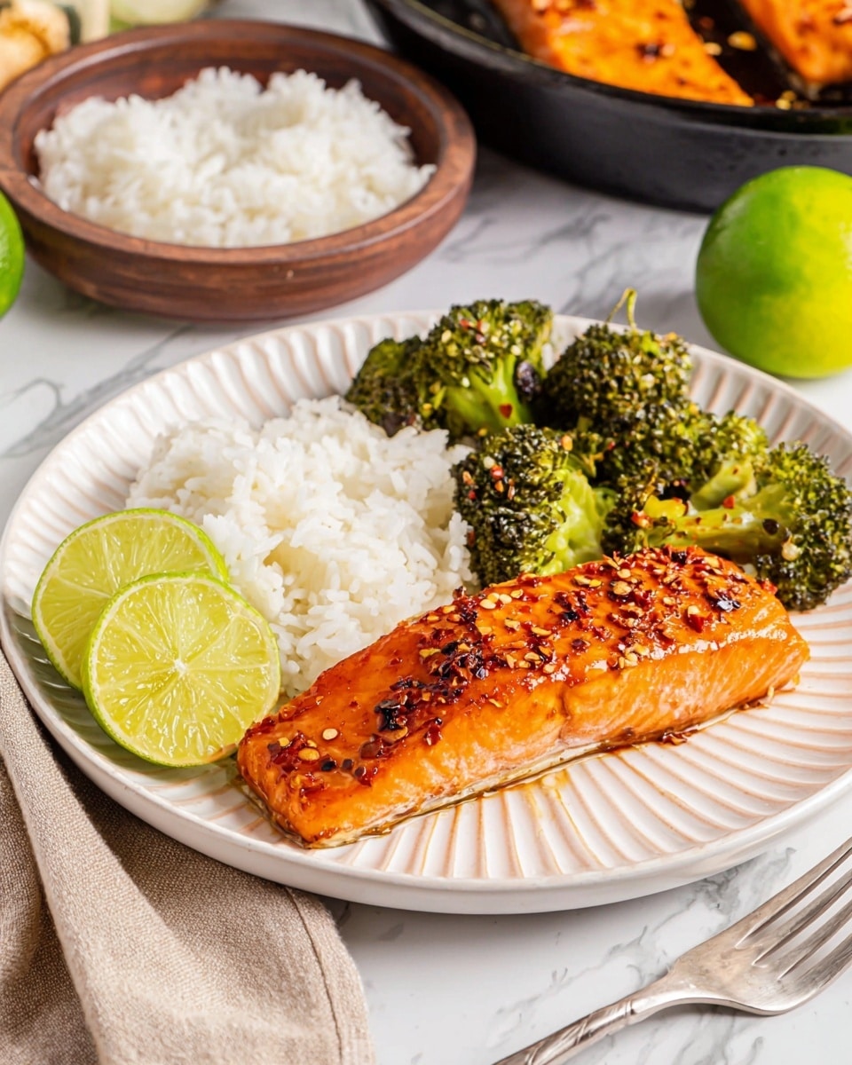 On a white round plate with ridged edges, there is one thick, grilled salmon fillet at the front, showing a shiny orange color with black pepper and chili flakes sprinkled on top. Behind the salmon, there are bright green roasted broccoli florets with slightly darkened tips. On the left side of the plate, fluffy white rice sits alongside three lime wedges, bright green with a fresh look. The plate is set on a white marbled surface with a silver fork and a beige cloth napkin nearby. In the background, part of a black cast iron pan with more salmon and a small brown bowl filled with white rice are visible, along with a whole green lime. The photo taken with an iphone --ar 4:5 --v 7