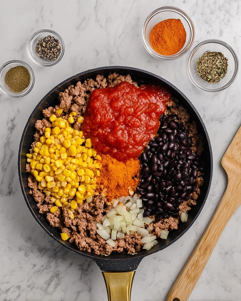 A black pan sits on a white marbled surface, filled with layers of ingredients arranged in sections. The bottom layer is cooked ground meat mixed with small white onion pieces, spread around the pan. On top, in separate piles, are black beans with a shiny texture, bright yellow corn kernels, red canned tomatoes, smooth red tomato sauce, and a mound of orange powdered seasoning. Nearby, two small glass bowls hold black pepper and salt, while a wooden spatula lies to the right of the pan. photo taken with an iphone --ar 4:5 --v 7