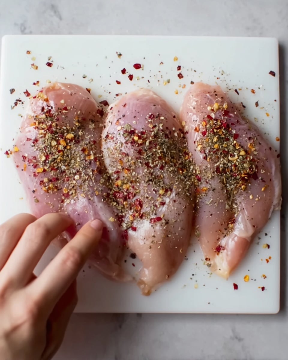 Three raw pink chicken pieces lie flat on a white cutting board, each sprinkled with a colorful mix of coarse black pepper, red chili flakes, and salt. The chicken pieces are arranged side by side horizontally. A woman's hand is pressing gently on the middle chicken piece, slightly blurring under the fingers. The cutting board is placed on a smooth white marbled surface. Photo taken with an iphone --ar 4:5 --v 7