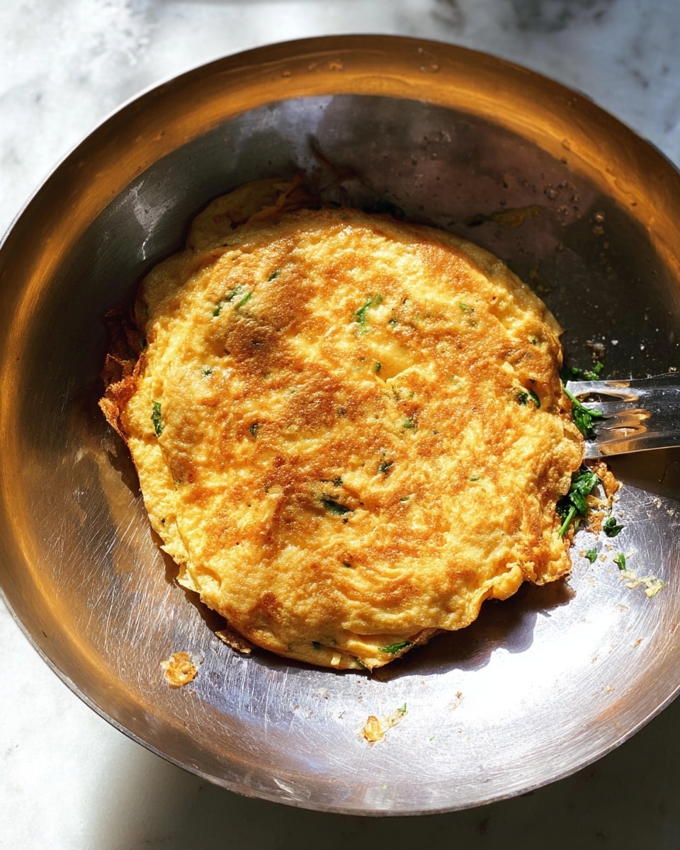 A single thick, golden-brown omelet sits in the center of a large, deep metal pan with a slightly shiny texture. The omelet has an uneven, bumpy surface with small green herb pieces visible around its edges. Light shines on the omelet, highlighting its rough texture and some small crispy spots. The metal pan shows slight marks and reflections, and a metal spatula rests on the side inside the pan. The whole scene is set on a white marbled surface. photo taken with an iphone --ar 4:5 --v 7