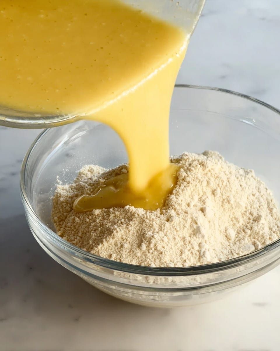A close-up view of yellow liquid batter being poured from a glass bowl into another clear glass bowl filled with a layer of fine white flour mixed with a bit of brown. The bowls are placed on a white marbled surface under soft natural light, highlighting the smooth texture of the batter flowing down in contrast with the grainy texture of the dry mixture below. photo taken with an iphone --ar 4:5 --v 7