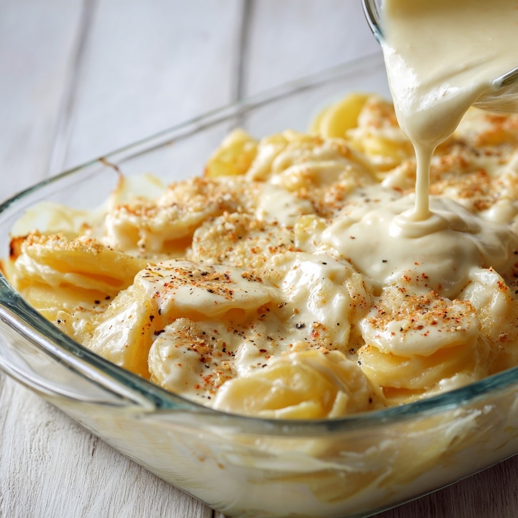 The image shows a close-up of a glass dish filled with spiral pasta. The pasta has a light yellow color and looks cooked but firm. A creamy sauce, smooth and pale yellow, is being poured over the pasta from the top right corner. The pasta pieces are covered evenly by the sauce, and some small bits of seasoning can be seen on the pasta. The dish sits on a white marbled surface with a wooden texture blurred in the background. Photo taken with an iphone --ar 4:5 --v 7