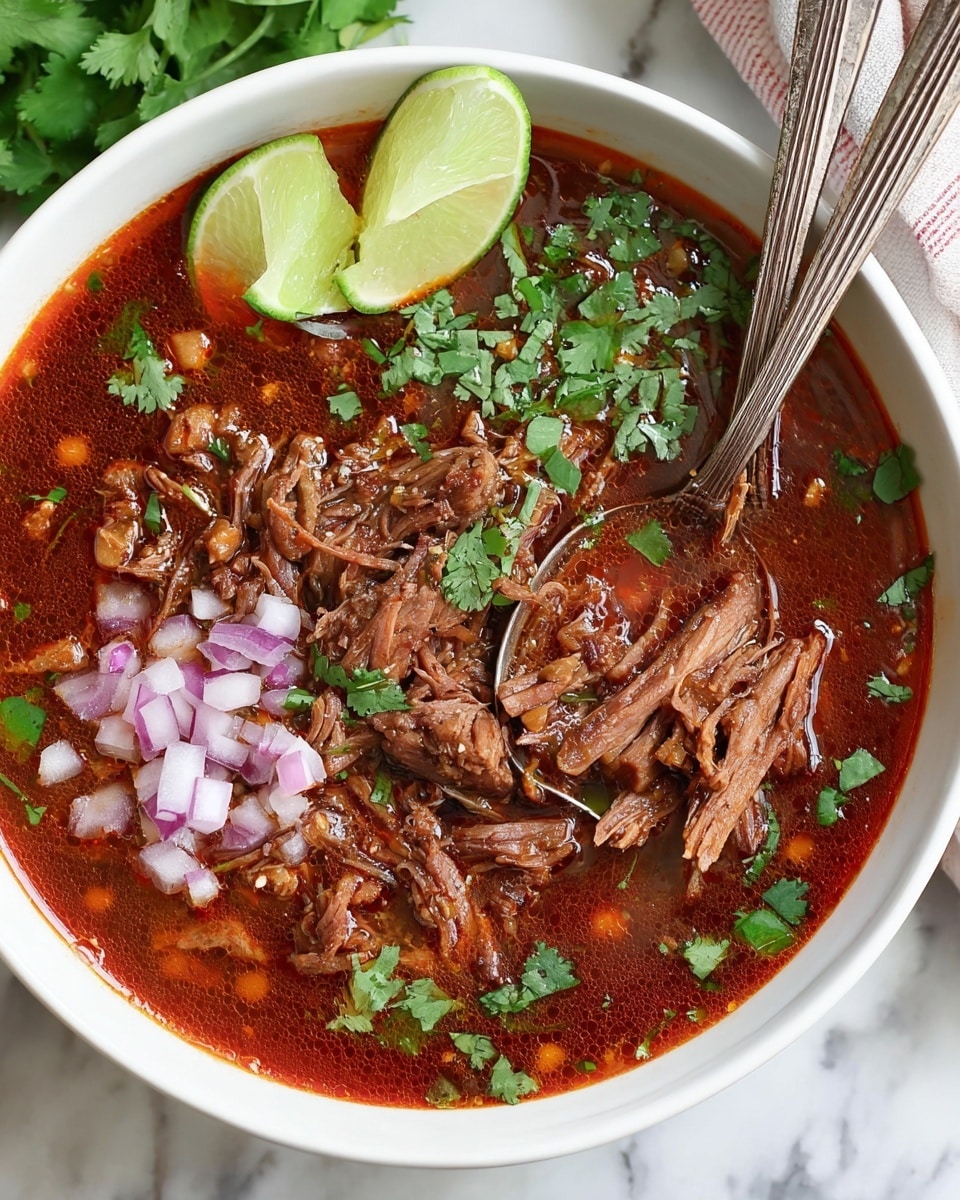 A white bowl filled with rich red broth topped with shredded brown meat, small chopped red onions scattered on one side, and fresh green cilantro sprinkled over the meat and around the bowl. Two lime wedges rest at the top edge of the bowl, adding a bright green contrast. The broth shows some oil spots on the surface, giving it a glossy texture, and two silver spoons stand inside the bowl, one partially scooping the meat. The bowl is placed on a white marbled surface with a small bunch of green cilantro visible in the background. Photo taken with an iphone --ar 4:5 --v 7