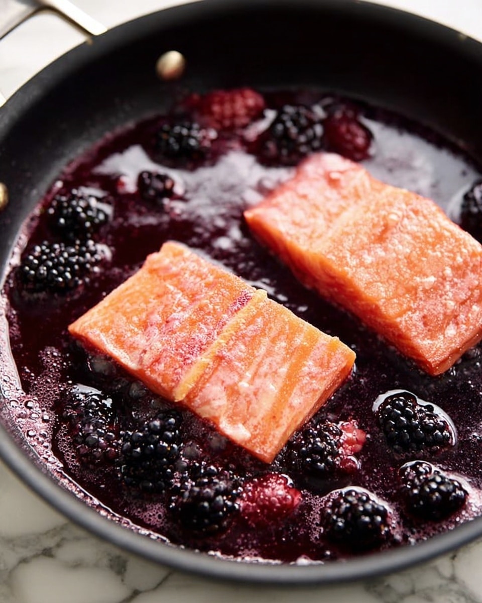 The image shows two rectangular pieces of pink cooked salmon placed in a black pan, surrounded by a dark purple sauce with visible liquid texture. Several blackberries are scattered on and around the salmon pieces, adding a mix of deep purple and black colors. The sauce has small bubbles, showing it is hot, and the salmon looks shiny and moist. The pan rests on a white marbled surface. Photo taken with an iphone --ar 4:5 --v 7