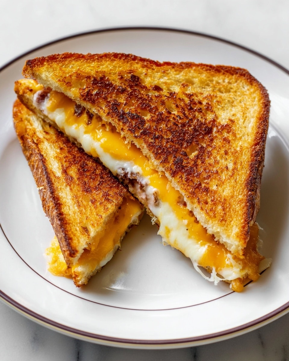A close-up of a grilled sandwich held by a woman's hand, showing two slices of golden brown toasted bread with a crispy texture. Inside the sandwich, there are two layers of melted cheese, one white and one yellow, layered unevenly over browned, slightly charred ground meat. The cheese looks soft and slightly stretchy, covering the meat in thick, creamy layers. The sandwich is held over a white plate with a thin dark rim, placed on a white marbled surface. photo taken with an iphone --ar 4:5 --v 7