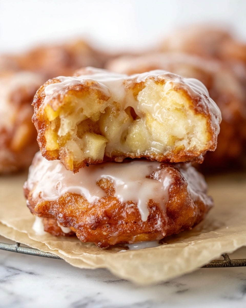 The image shows two apple fritters stacked on top of each other on a piece of parchment paper over a wire rack, with a white marbled surface below. The bottom fritter has a rough, golden-brown, crispy texture with light brown and caramel shades. The top fritter is broken in half, showing its soft, light yellow inside with bits of apple, and it is covered in smooth, pale cream-colored glaze that drips slightly down the sides. The background fades softly with more blurred fritters, keeping the focus on the texture and glaze of the front two. Photo taken with an iphone --ar 4:5 --v 7