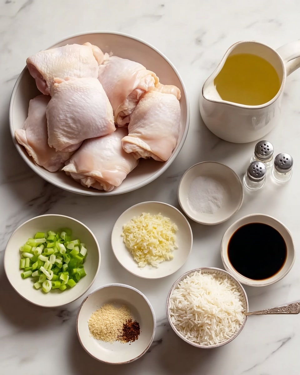 The image shows raw chicken thighs with smooth, pale pink skin arranged in a white bowl on a white marbled surface. Around it are small white bowls containing various ingredients: sliced green onions with bright green shades, finely chopped fresh ginger which is pale yellow, minced garlic that looks creamy white, light brown sugar, clear liquid likely vinegar, dark soy sauce with a glossy black tone, dry white rice grains filling a bowl, and a white ceramic jug filled with light yellow broth. There are also small salt and pepper shakers with transparent bodies and silver tops next to the ingredients. photo taken with an iphone --ar 4:5 --v 7