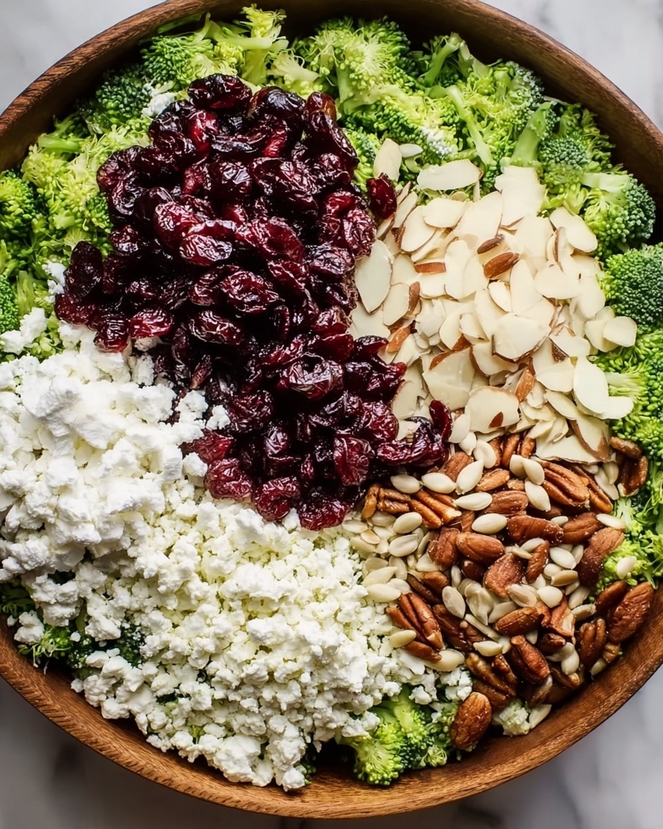 A large white bowl holds five main layers of ingredients arranged in sections on a bed of finely chopped bright green broccoli. At the top center, there is a pile of dark red dried cranberries with a wrinkled texture. To the right of the cranberries, light brown almond slices are scattered, showing their smooth, flat surfaces. Below the almonds, there is a mound of crumbly, white cheese with a rough texture. Below the cranberries and to the left of the cheese, light tan sunflower seeds create a slightly shiny, small oval layer. The whole dish sits on a white marbled surface. Photo taken with an iphone --ar 4:5 --v 7