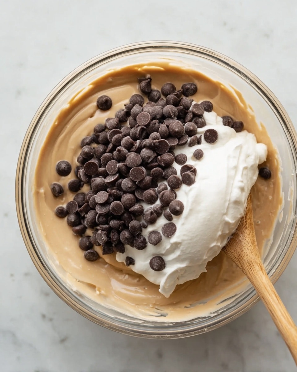 In a clear glass bowl, there are three visible layers: the bottom layer is a smooth light brown creamy mixture, the middle layer is a dollop of thick white cream placed on top, and the top layer consists of many small dark brown chocolate chips scattered over the white cream. A wooden spoon is partially dipped into the mix, resting on the right side of the bowl. The bowl is on a white marbled surface. photo taken with an iphone --ar 4:5 --v 7