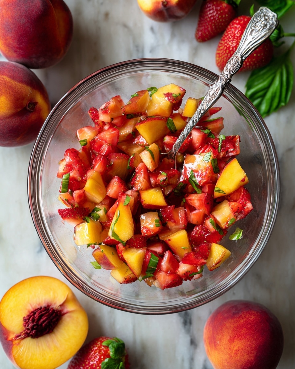 A clear glass bowl filled with a mix of small, bright red strawberry pieces and yellow-orange peach chunks, all lightly mixed with thin green basil strips scattered throughout; a silver spoon with an ornate handle rests inside the bowl, partially submerged in the colorful fruit mix, and around the bowl are whole strawberries and a peach on a white marbled surface, adding freshness to the scene. photo taken with an iphone --ar 4:5 --v 7