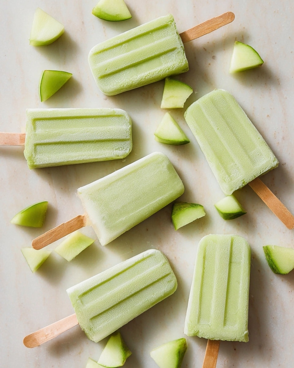 Five light green popsicles with smooth, icy textures are spread across a white marbled surface. Each popsicle has a wooden stick at the bottom, and small chunks of fresh honeydew melon with bright green skin and pale green flesh are scattered around them. The popsicles are evenly spaced, showing subtle frost and soft light reflections on the cold surface. photo taken with an iphone --ar 4:5 --v 7