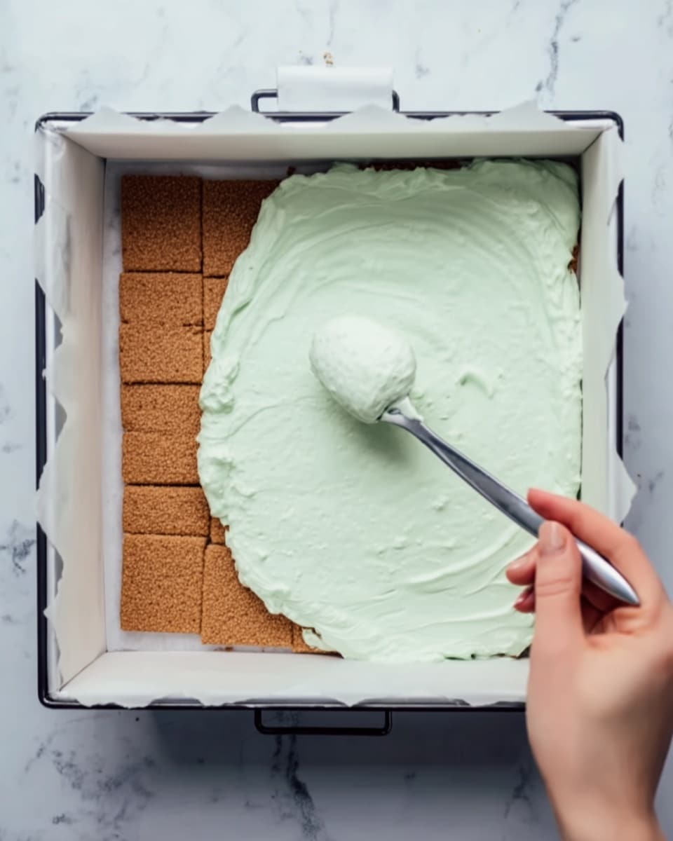 The image shows a white square baking pan lined with white parchment paper clipped to the sides. At the bottom, there is one visible layer of brown graham crackers, arranged in a neat layer covering the entire base. On top of the graham crackers, a soft, pale green creamy layer is being spread with a spoon held by a woman's hand from the right side of the image. The creamy layer looks smooth and light, partially covering the graham crackers but leaving some exposed on the left side. The pan is placed on a surface with white marbled texture. photo taken with an iphone --ar 4:5 --v 7