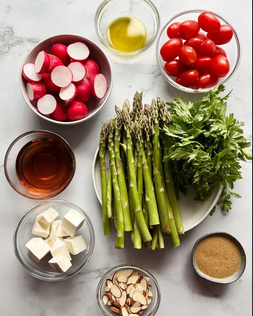 A top-down view shows a collection of ingredients arranged neatly on a white marbled surface with a wooden cutting board. In the center, there is a large glass bowl filled with cooked green spinach. To its left, a small white bowl holds chopped yellow peppers, while below it, shredded white cheese fills another white bowl. Next to the cheese, there is a gray bowl with white creamy sauce and another gray bowl with a thick beige sauce. Above the cheese bowl, a block of white tofu lies on a small white plate. On the left side, a small bowl contains chopped green herbs, a smaller dish has red chili flakes, and a tiny bowl filled with minced garlic sits near cloves of garlic. A small jar of golden oil is placed near the top right corner. The arrangement is clean and organized with a bright, natural light making the colors vivid. Photo taken with an iphone --ar 4:5 --v 7