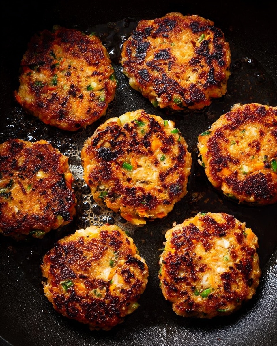 Six round patties with a golden brown and crispy textured top layer, showing small green and orange bits inside, are arranged closely together in a black frying pan. The patties have a slightly uneven, rustic shape and look cooked with some darker charred spots on their surface. The pan's dark surface has small glistening oil spots around the patties, adding shine to the image. photo taken with an iphone --ar 4:5 --v 7